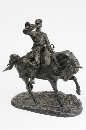 Another bronze figure being offered in the Fine Art Auction is a magnificent Russian mounted trumpeter, which is inviting bids
        of £6,000-£8,000 (FS19/659).