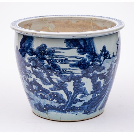 A Large Chinese Blue And White 'Landscape' Jardiniere The Exterior Painted Overall With Figures